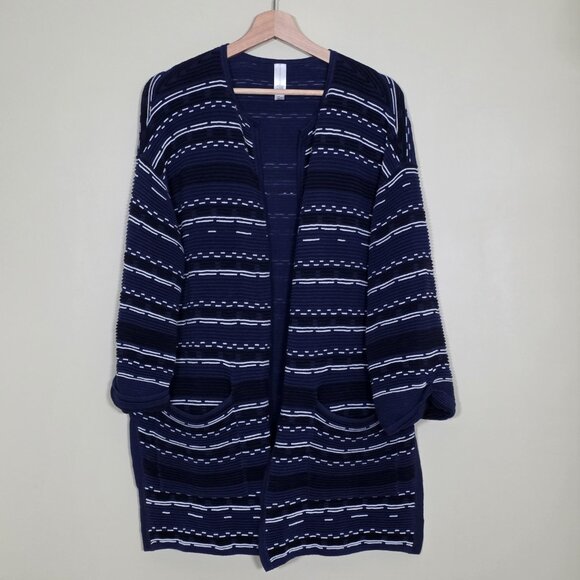 Marla Wynne Cardigan Women L Navy White 3/4 Sleeve Slouchy Mature Lagenlook Boho - Picture 15 of 16